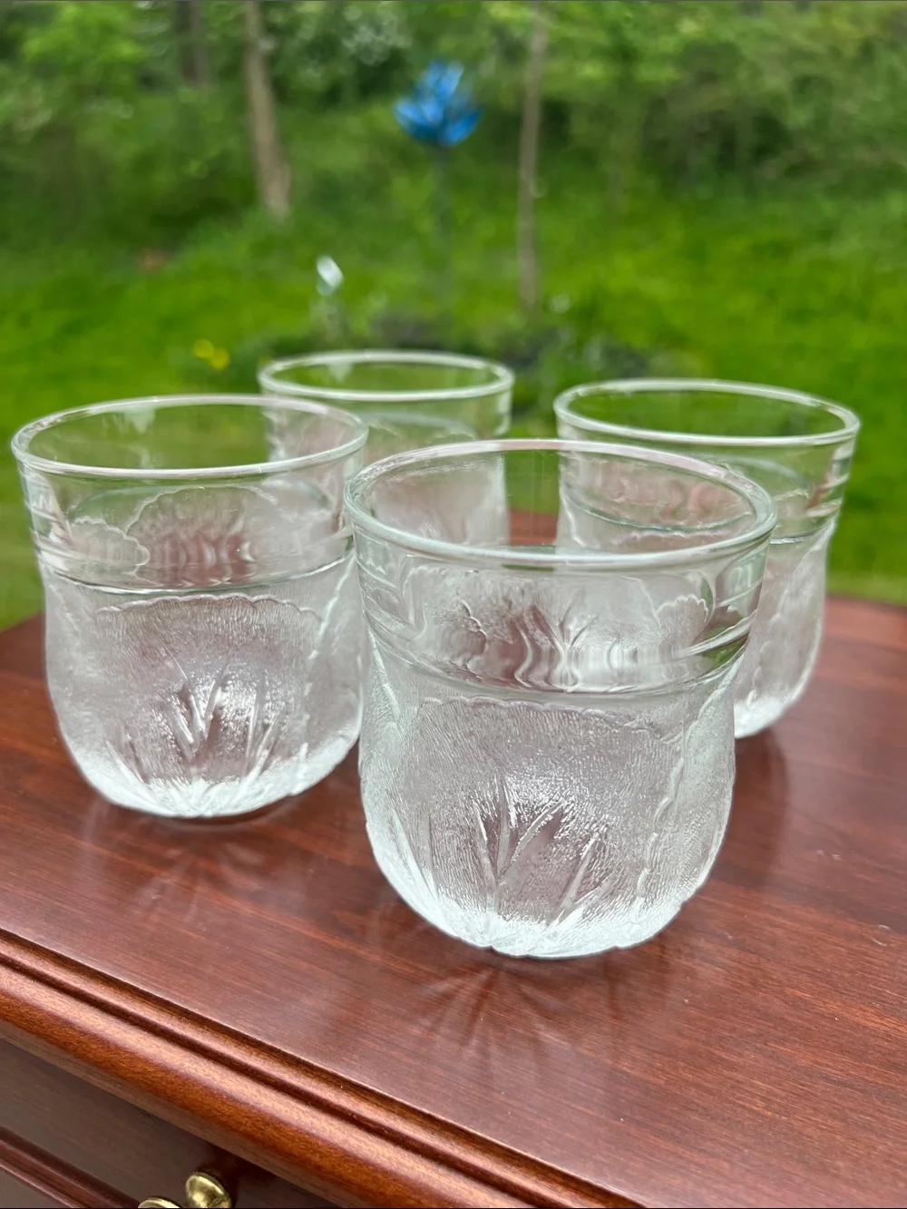 4 Vintage Old Fashioned Cocktail Tumblers Glasses Pebble Leaf Cabbage Pattern